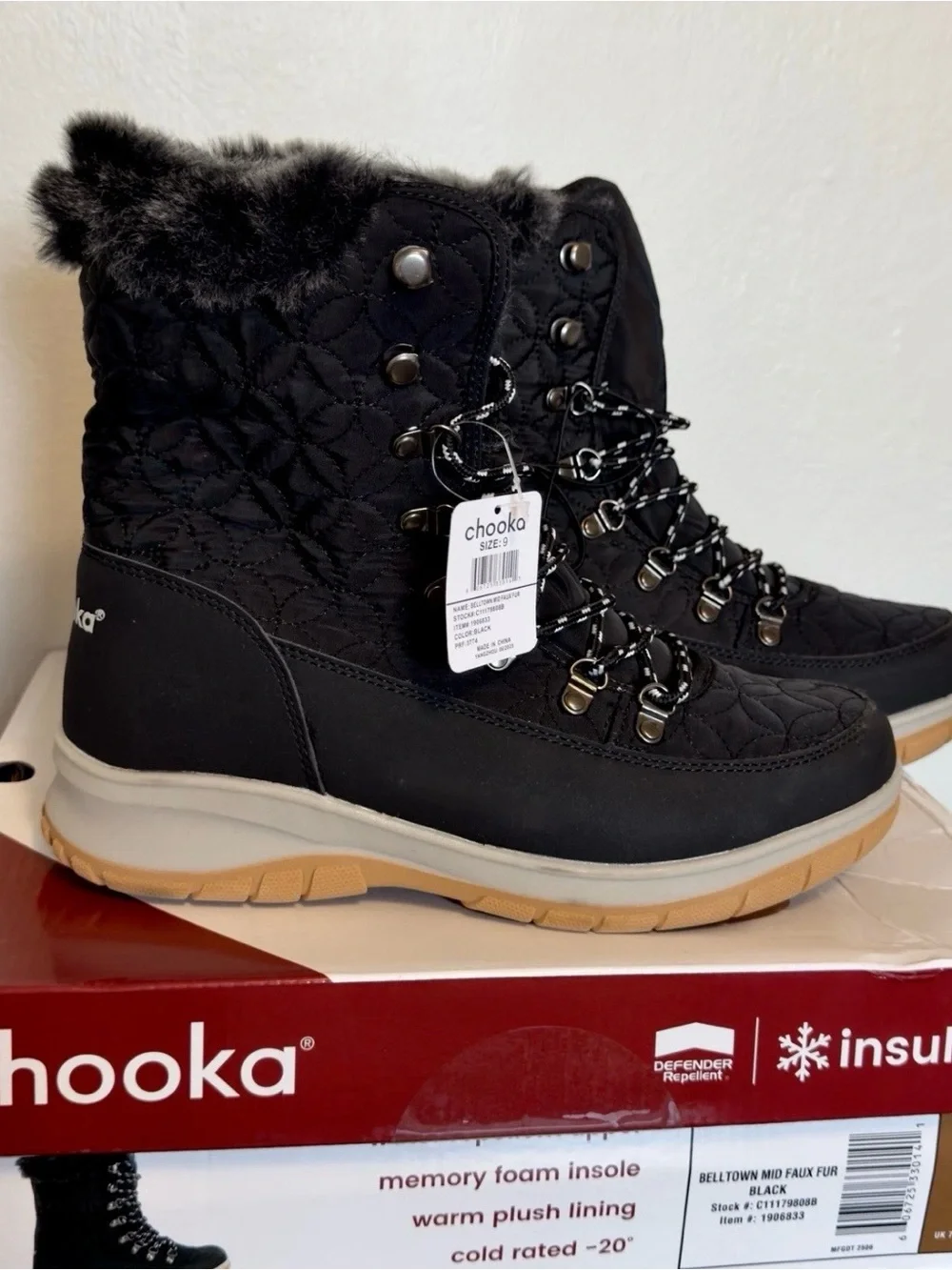 chooka Black Quilted Faux Fur Lace-Up Winter Boot